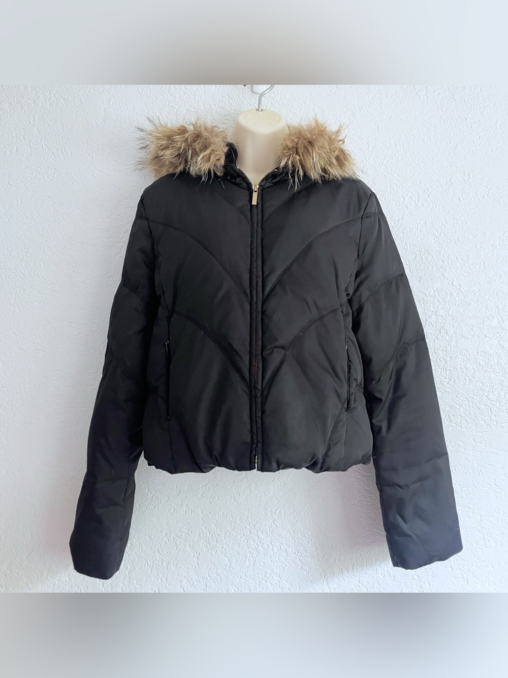 Laundry Shelli Segal Black Hooded Down Puffer Jacket Fur Trim LARGE Y2K Gothic